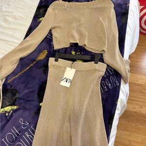 Zara Beige Knit Wide Leg Pants & Top Set